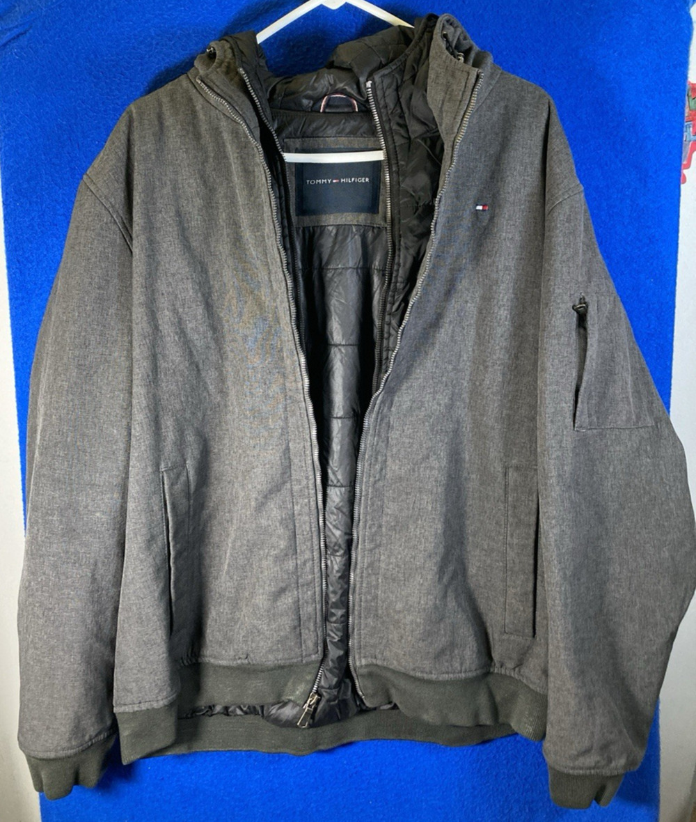 Tommy Hilfiger Men’s Gray Hooded Bomber Jacket Coat Size XL Puffer Lined